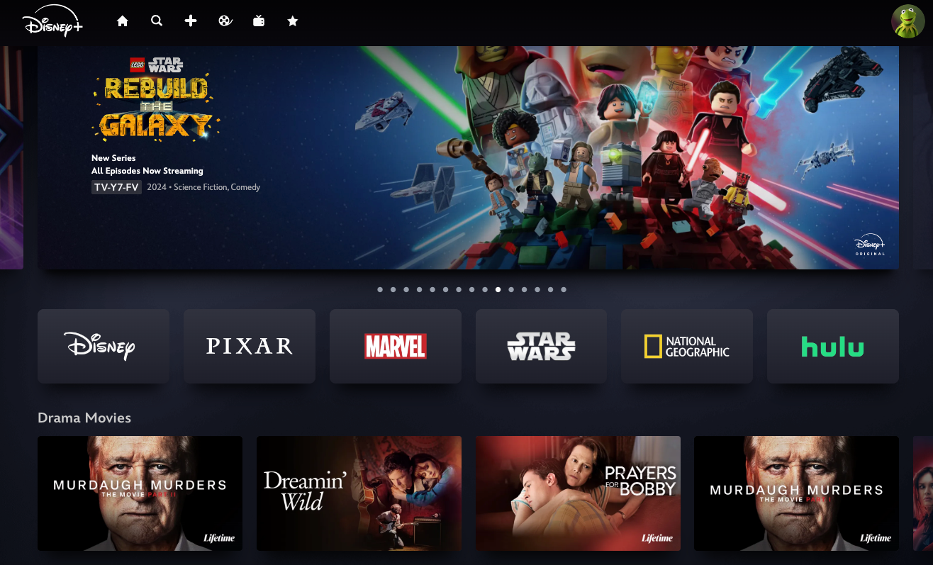 Home screen of Disney Plus